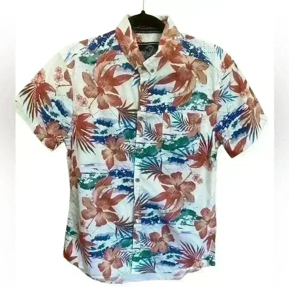 Men’s FIVE POINTS SHORT SLEEVED slim fit HAWAIIAN FLORAL BUTTON DOWN SHIRT S - Picture 1 of 4